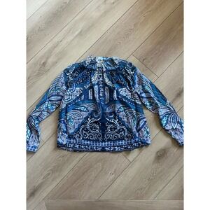 Warm NY Paisley Print Blouse‎ Size 2 Long Sleeve Button Up Blue Top
